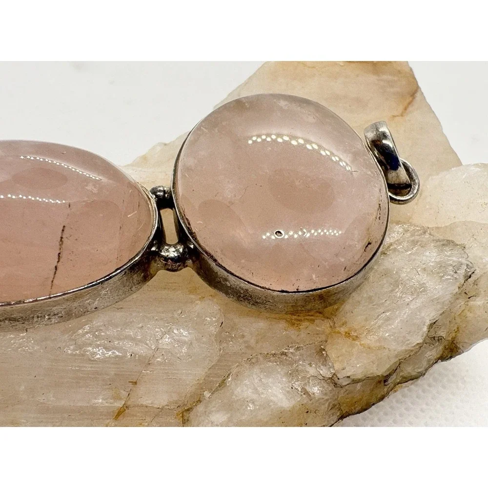 Sterling Silver Rose Quartz‎ Double Cabochon Pendant 20g Oval & Round Bezel 925